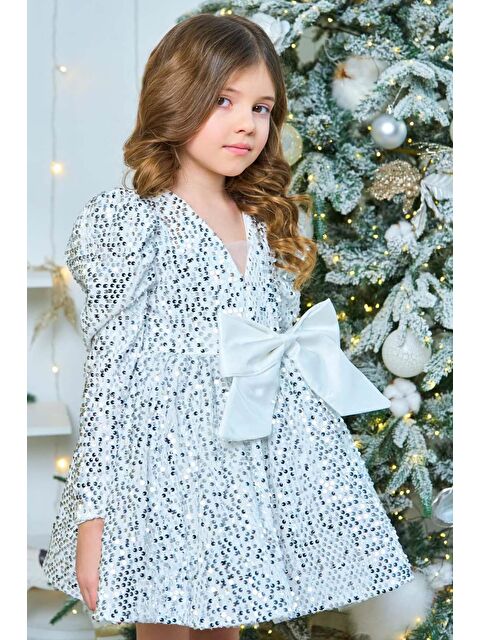 Riccotarz Kız Çocuk V Yaka Üzeri Pulpayet İşlemeli Eteği Kabarık Kadife Beyaz Abiye - S000479911-20063