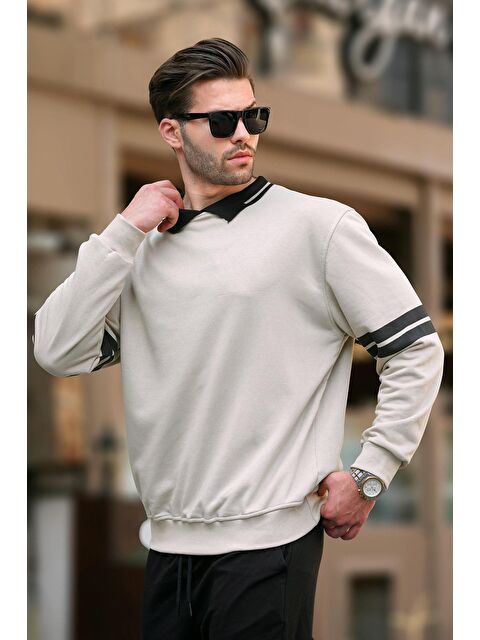Madmext Bej Polo Yaka Oversize Kolu Şeritli Erkek Sweatshirt 7048 - S000237390-19928