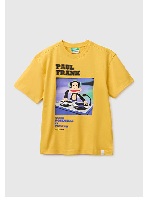 United Colors Of Benetton Erkek Çocuk Hardal Sarısı Önü ve Arkası Baskılı Etek Ucu Logolu Bisiklet Yaka T-Shirt
