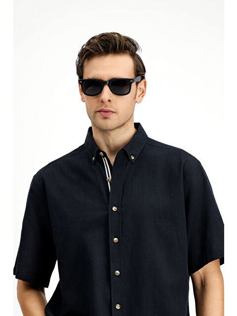 Kiğılı Kısa Kol Regular Fit Düğmeli Yaka Keten Görünümlü Pamuk Spor Gömlek - S000408573-19351