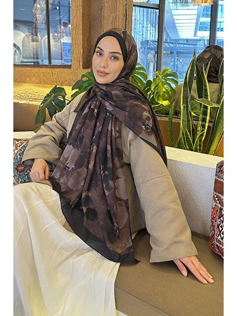 Lamelif Batik Çiçek Desen Bambu Şal Siyah Kahverengi - S000529701-37433