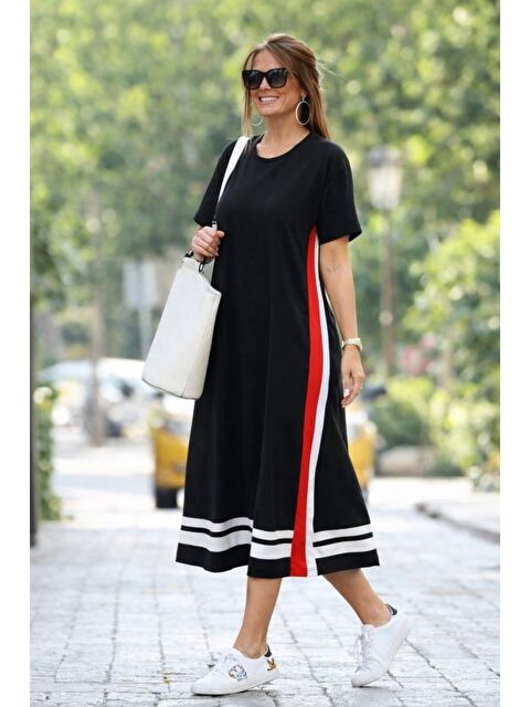 Jane's Kadın Kısa Kollu Bisiklet Yaka Yan şerit Detaylı Midi Viskon Elbise