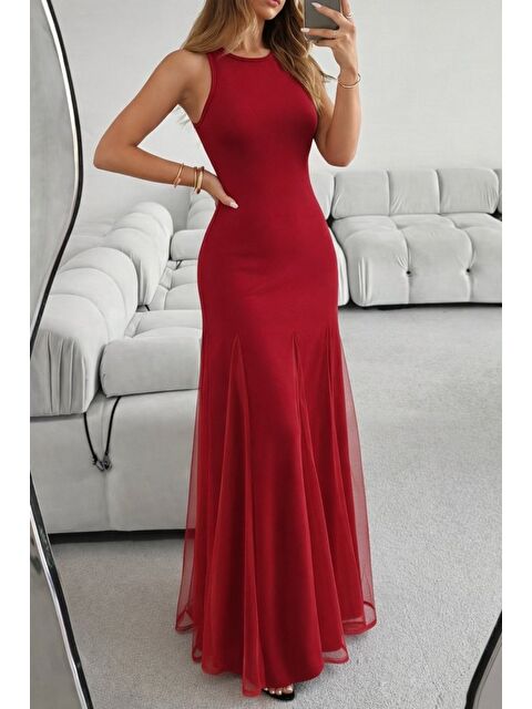 Jane's Kadın Askılı Bisiklet Yaka Etek Ucu Tül Detaylı Asimetrik Kiloş Uzun Ithal Krep Elbise