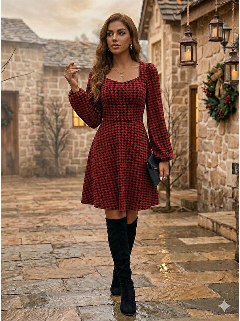 Jane's Kadın Uzun Kollu Kare Kalp Yakalı Mini Modal Elbise - S000529159-20045