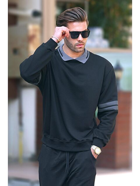 Madmext Siyah Polo Yaka Oversize Kolu Şeritli Erkek Sweatshirt 7048 - S000237390-19351