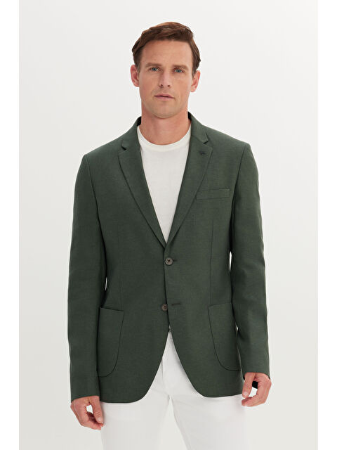 AC&Co / Altınyıldız Classics Erkek Haki Keten Slim Fit Dar Kesim Mono Yaka Torba Cepli Ceket