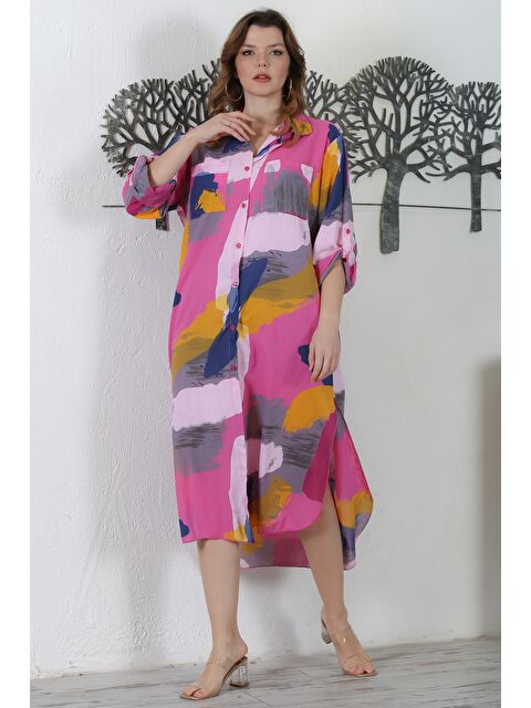 Chiccy İtalyan Pembe Gömlek Yaka Düğmeli Uzun Kollu Çift Cepli Allover Baskılı Dokuma Elbise 130 65 - S000344191-20024