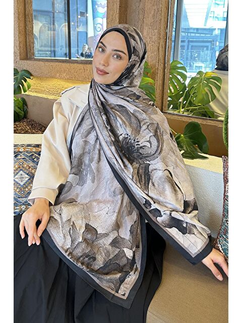 Lamelif Floral Desen Bambu Şal Siyah Vizon - S000529582-4166