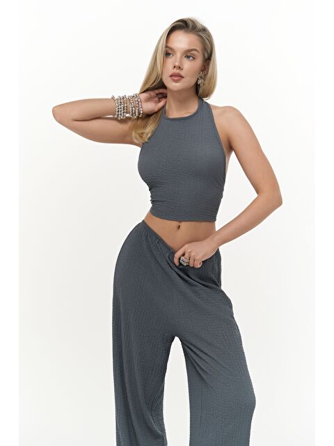 Mai Collection Ayshe Bağlamalı Füme Crop Pantolon Takım - S000380210-33408