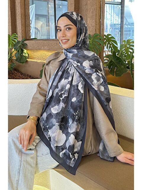 Lamelif Batik Çiçek Desen Bambu Şal Antrasit - S000529701-29666