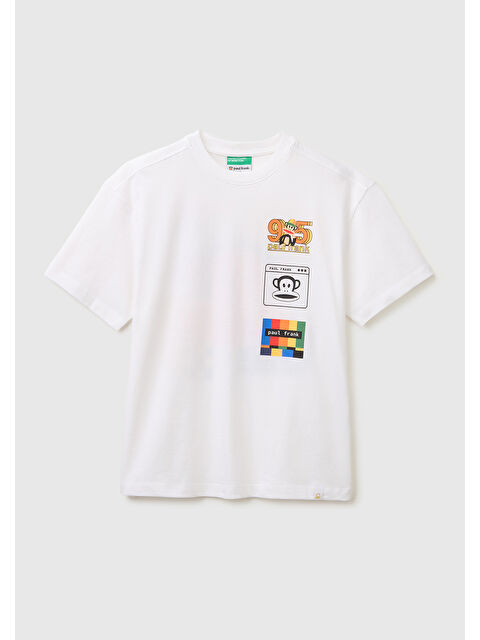 United Colors Of Benetton Erkek Çocuk Beyaz Önü ve Arkası Baskılı Etek Ucu Logolu Bisiklet Yaka T-Shirt