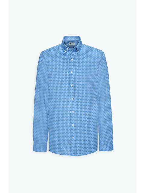 AC&Co / Altınyıldız Classics Erkek Mavi %100 Pamuk Slim Fit Dar Kesim Düğmeli Yaka Armürlü Gömlek