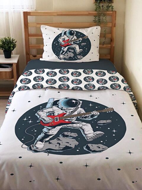 Evmila Çift Taraflı Astronot Desenli Çarşafsız 2'li Takım Baskılı Tek Kişilik Nevresim Takımı 160x220 Cm - S000123887-23173