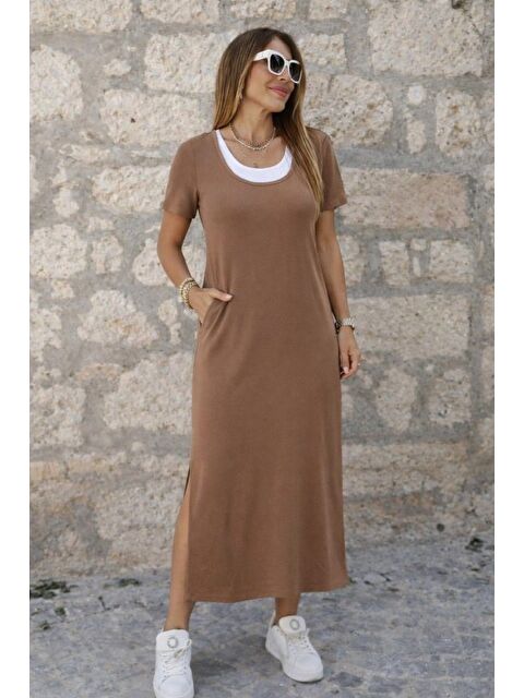 Jane's Kadın Kısa Kollu Içi Atlet Görünümlü Yandan Yırtmaçlı Uzun Viskon Elbise