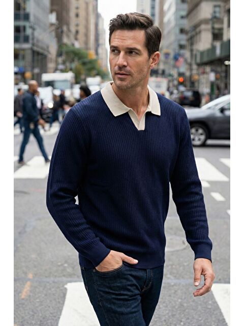 Mishar İtalia Erkek Kendinden Desenli Polo Yaka Triko Kazak - S000491495-21164