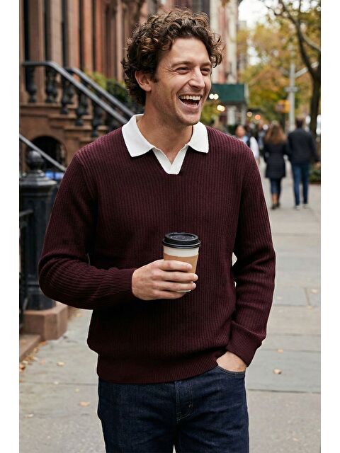 Mishar İtalia Erkek Kendinden Desenli Polo Yaka Triko Kazak - S000491495-20036