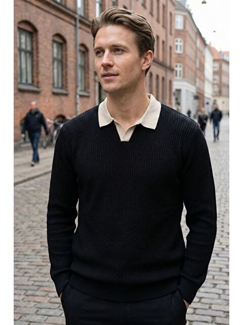 Mishar İtalia Erkek Kendinden Desenli Polo Yaka Triko Kazak - S000491495-19351