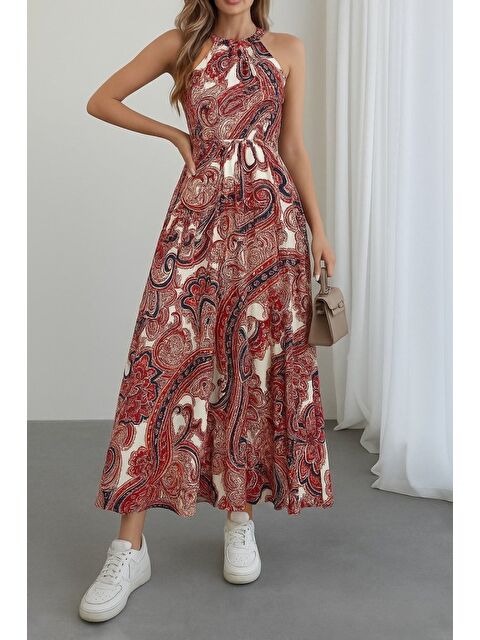 Jane's Kadın Halter Yakalı Omuzlardan Açık Kuşaklı Maksi Boy Desenli Süprem Elbise