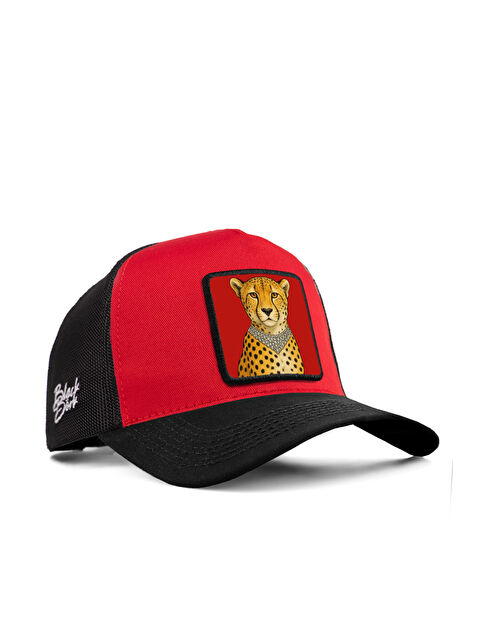 BlackBörk Leopar Logolu Kırmızı-Siyah Trucker Şapka