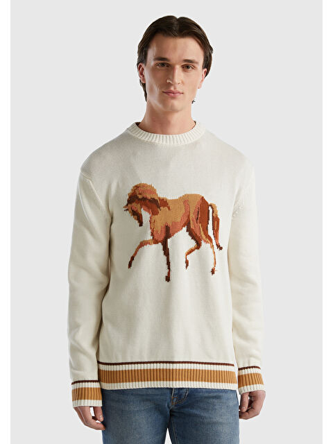 United Colors Of Benetton Erkek Krem %100 Pamuk At Desenli Bisiklet Yaka Kazak - S000305958-19966