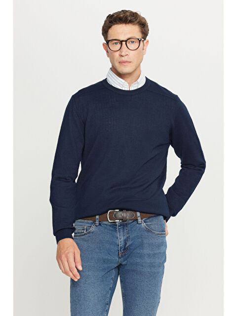 Altınyıldız Classics Erkek Lacivert Yünlü Standart Fit Normal Kesim Bisiklet Yaka Triko Basic Kazak
