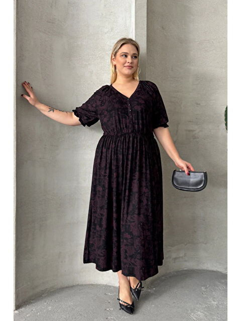 Stil Diva Büyük Beden Kısa Kollu V Yaka Önü Düğmeli Beli Lastikli Elbise 303699 - S000339234-19351