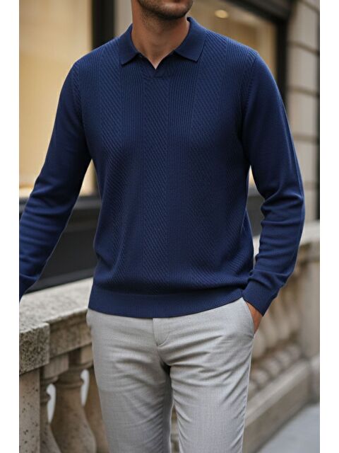 Mishar İtalia Erkek Polo Yaka Kendinden Desenli Triko Kazak - S000491486-23093