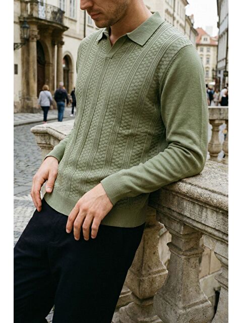 Mishar İtalia Polo Yaka Kendinden Desenli Erkek Triko Kazak - S000491491-18547