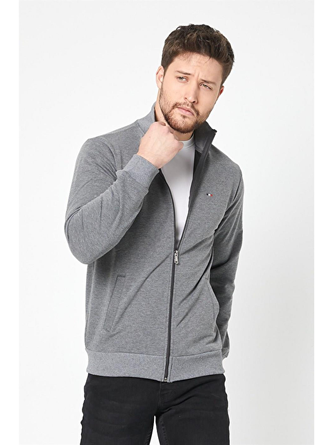 Mmetalic Erkek Antrasit Uzun Kollu Önü  Fermuarlı Büyük Beden Sweatshirt - S000234286-29666