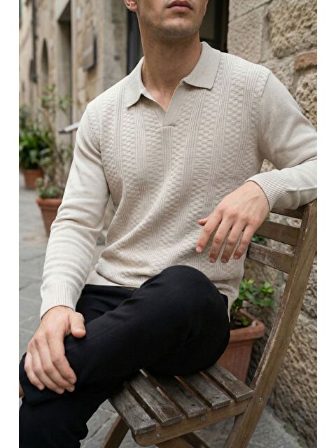 Mishar İtalia Polo Yaka Kendinden Desenli Erkek Triko Kazak - S000491491-25636