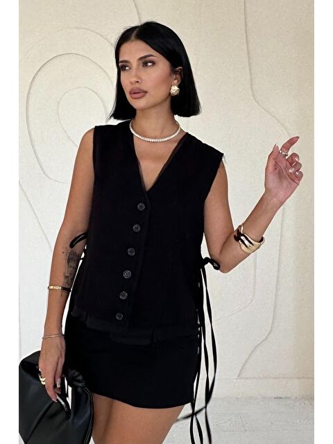 Jane's Siyah Yanları Bağcıklı Yelek