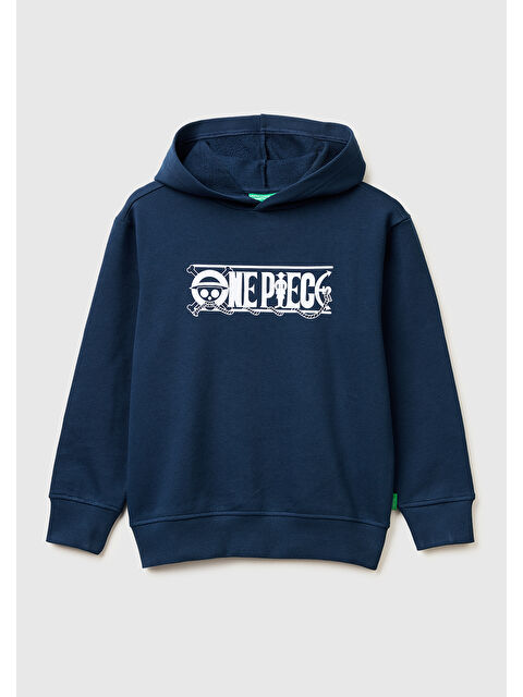 United Colors Of Benetton Erkek Çocuk Koyu Lacivert Önü ve Arkası One Piece Baskılı Kapüşonlu Sweatshirt
