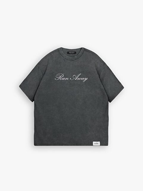 Abluka Online Erkek Oversize %100 Pamuk Yıkamalı Run Away Baskılı Tişört Koyu Gri - S000178827-29351