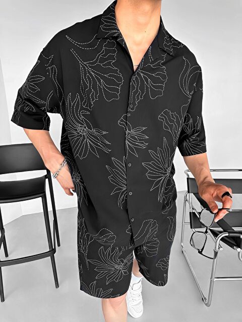 Abluka Online Oversize Desen Baskılı %100 Pamuk Gömlek Siyah - S000240442-19351