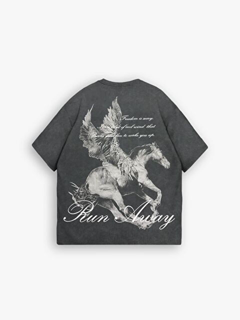Abluka Online Erkek Oversize %100 Pamuk Yıkamalı Run Away Baskılı T-Shirt Koyu Gri - S000178827-29351