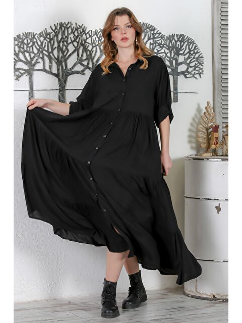 Chiccy Siyah Gömlek Yaka Düğmeli Uzun Kollu Etek Ucu Fırfırlı Casual Dokuma Elbise 145 60 - S000344200-19351