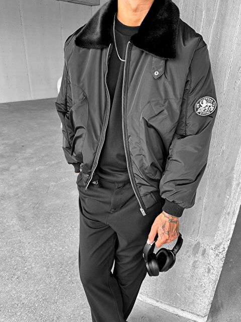 Abluka Online Erkek Oversize Yakalı Fermuarlı Cepli Mont Siyah - S000497633-19351