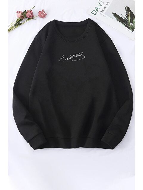 uyguntarz Unisex K.Atatürk imza Baskılı Bisiklet Yaka %100 Pamuk Sweatshirt - S000269667-19351