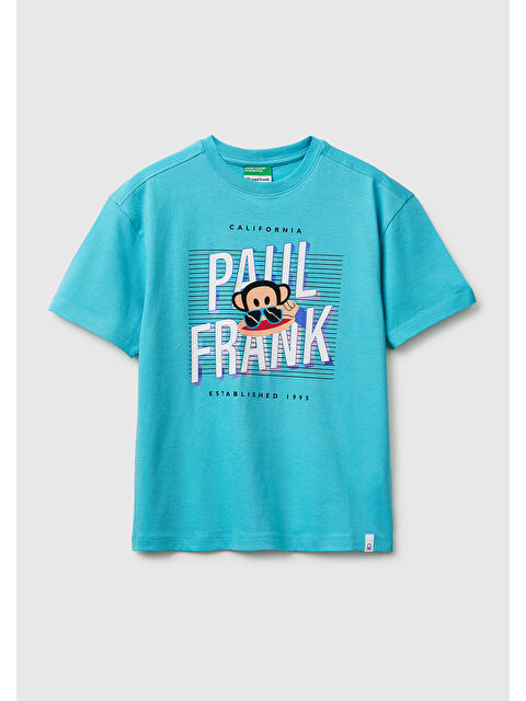 United Colors Of Benetton Erkek Çocuk Açık Mavi Önü ve Arkası Baskılı Etek Ucu Logolu Bisiklet Yaka T-Shirt