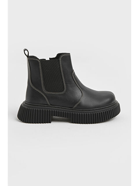 TONNY BLACK Çocuk Unisex Siyah Cilt Kalın Tırtıklı Termo Taban Fermuarlı Lastikli Chelsea Bot - S000493931-1720