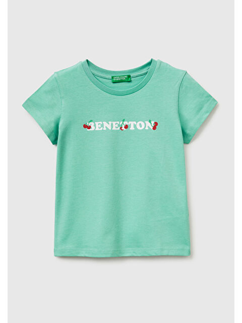 United Colors Of Benetton Kız Çocuk Mint Simli Grafik Baskılı Kısa Kollu Ribanalı Yaka T-Shirt