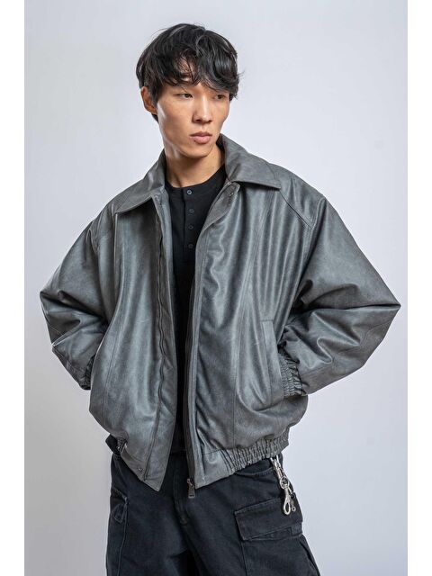 Abluka Online Erkek Oversize Fermuarlı Basic Deri Mont Gri - S000497634-20600