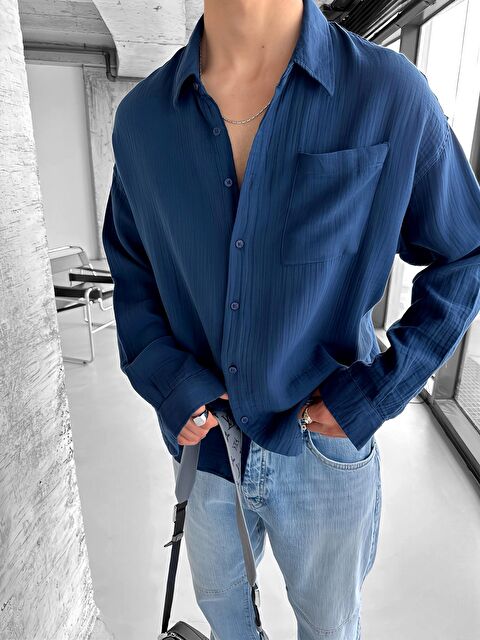Abluka Online Oversize Fit Uzun Kollu Müslin %100 Pamuk Gömlek Lacivert - S000240394-21164