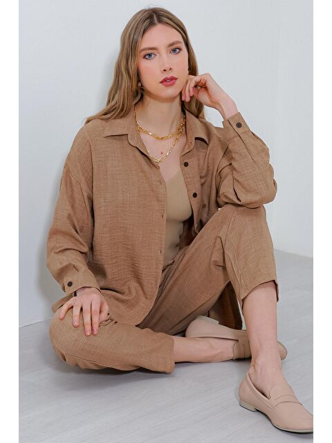 Bigdart Kadın Camel Oversize Keten Alt Üst Takım 6622 - S000090089-37258