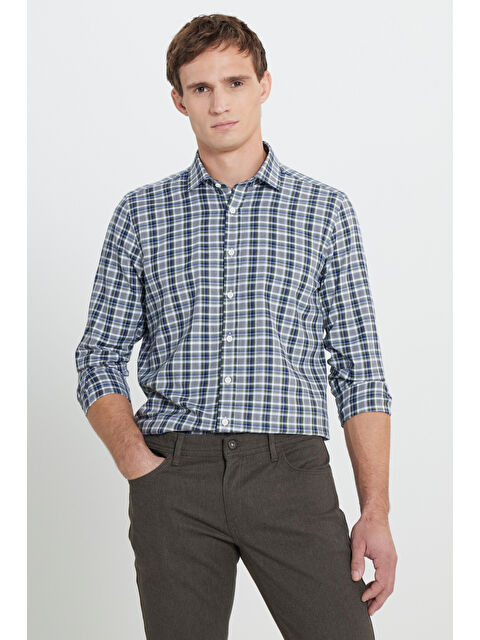 Altınyıldız Classics Erkek Haki-Beyaz %100 Pamuk Oxford Slim Fit Dar Kesim Klasik Yaka Kareli Gömlek - S000419587-37302