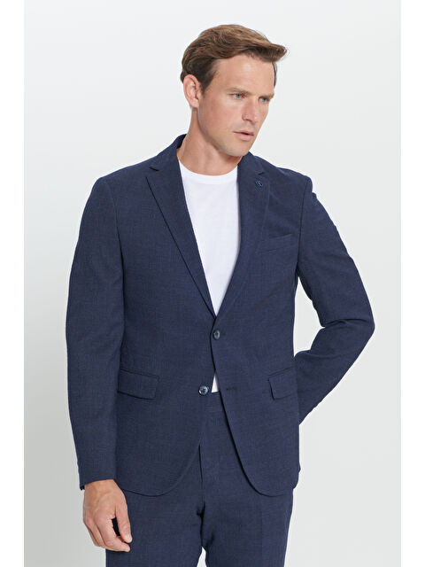 Altınyıldız Classics Erkek Lacivert Slim Fit Dar Kesim Mono Yaka Gofre Desenli Yünlü Takım Elbise