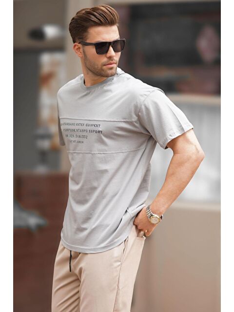 Madmext Boyalı Gri Oversize Bisiklet Yaka Baskılı Erkek %100 Pamuk Tişört 7018 - S000206122-22875