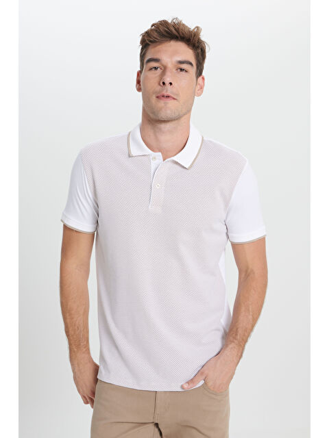Altınyıldız Classics Erkek Bej-Beyaz Slim Fit Dar Kesim Polo Yaka Jakarlı Tişört