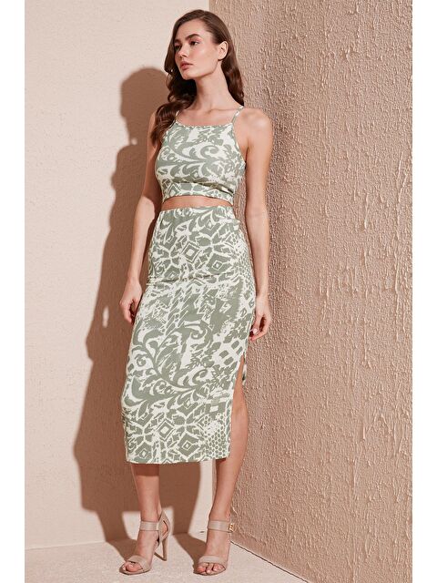 Lela Slim Fit İp Askılı Yırtmaçlı Midi Alt-Üst Takım 5865726 - S000145682-18194