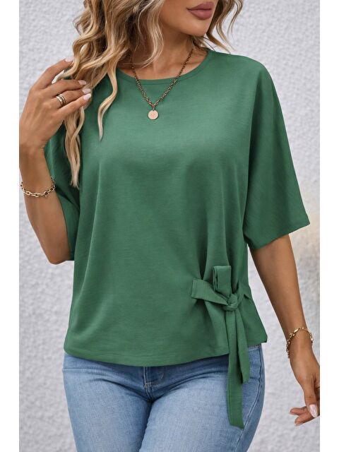 Jane's Kadın Kısa Kollu Bisiklet Yaka Yandan Bağcıklı Aerobin Bluz